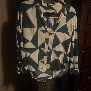 LOFT Dark Green and Cream Patterned Blouse